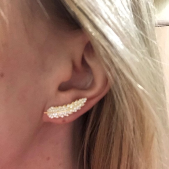 Silver or gold feather climber earrings diamond - Picture 4 of 8